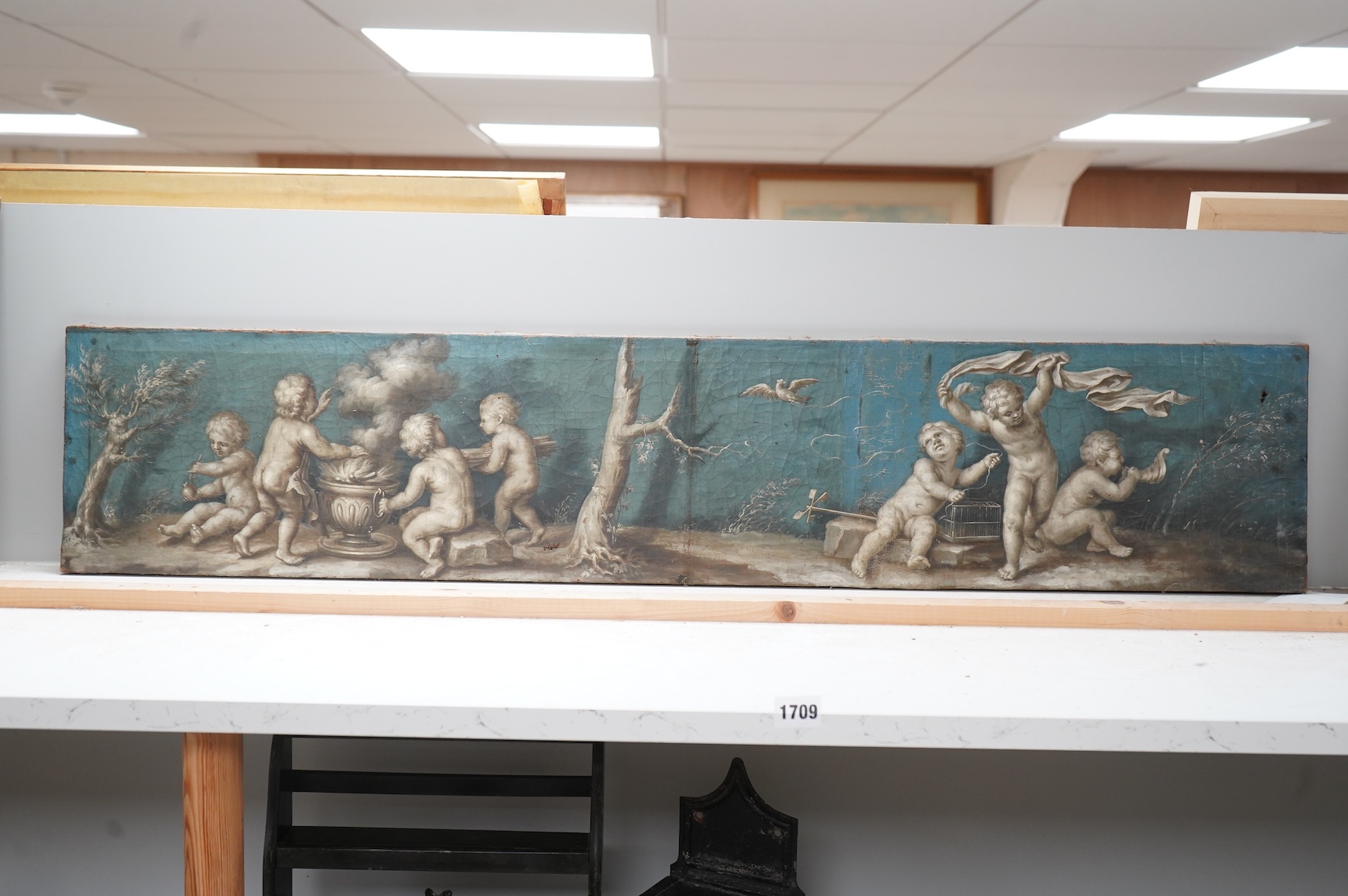 18th century, Italian School, Classical compositions, cherubs and dolphins, pair of oils on canvas, unframed, 23 x 113cm